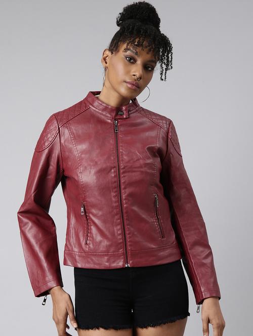 maroon leather bomberbiker jacket - 20917163 -  Standard Image - 0