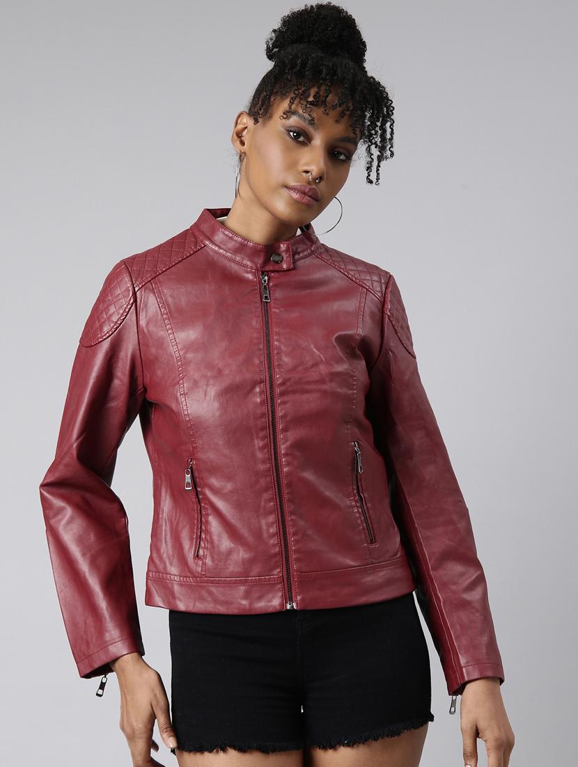 maroon leather bomberbiker jacket - 20917163 -  Zoom Image - 0