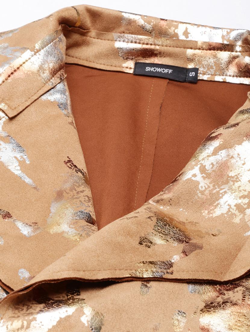 brown leather gold foil print long jacket - 20917167 - Standard Image - 7