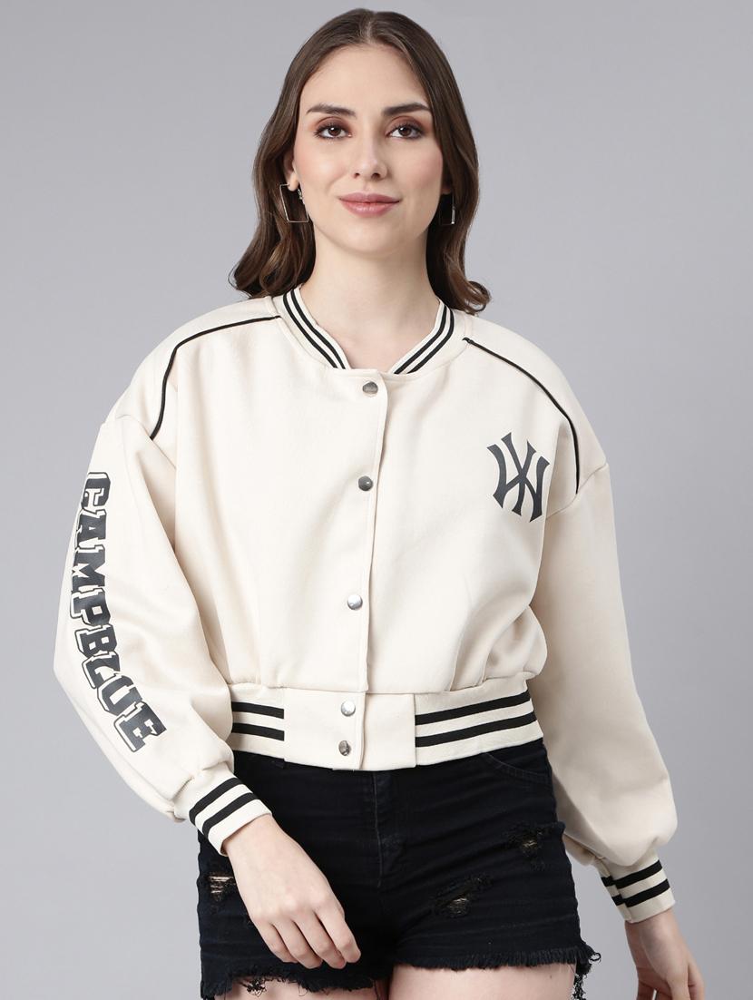 cream cotton blend varsity jacket - 20917207 - Zoom Image - 0