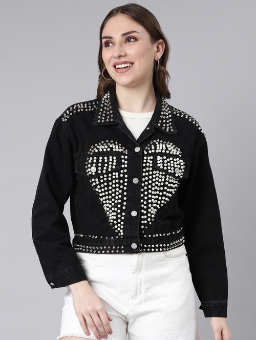 women embellished collared denim jacket - 20917217 -  Standard Image - 0