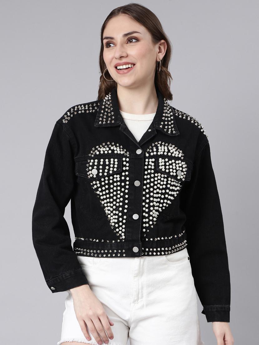 women embellished collared denim jacket - 20917217 -  Zoom Image - 0