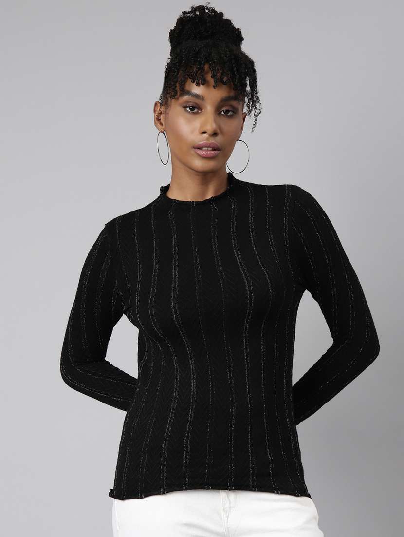women's stripped turtle neck regular top
