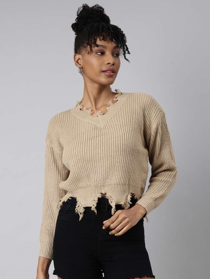 women solid long sleeve crop pullover