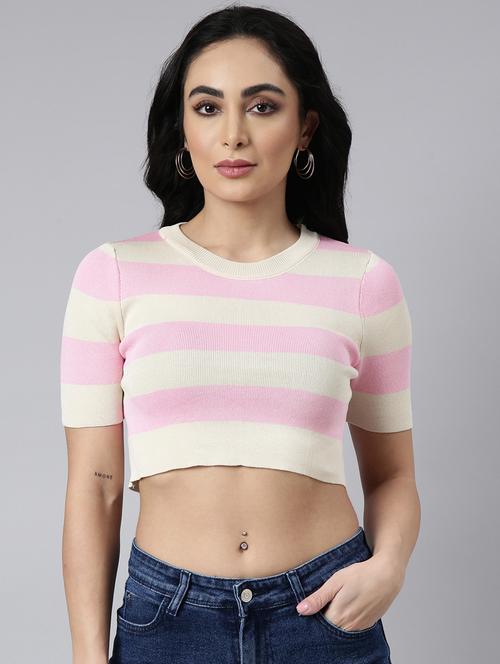 women striped round neck crop top - 20928942 - Standard Image - 0