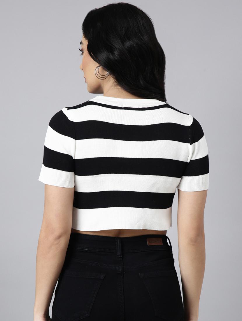 women striped round neck crop top - 20928944 - Standard Image - 2