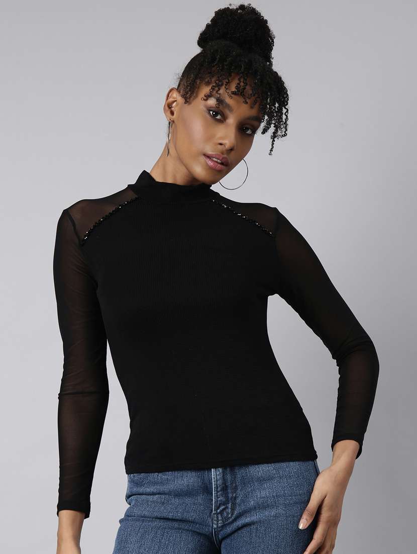 women solid mock neck long sleeves top
