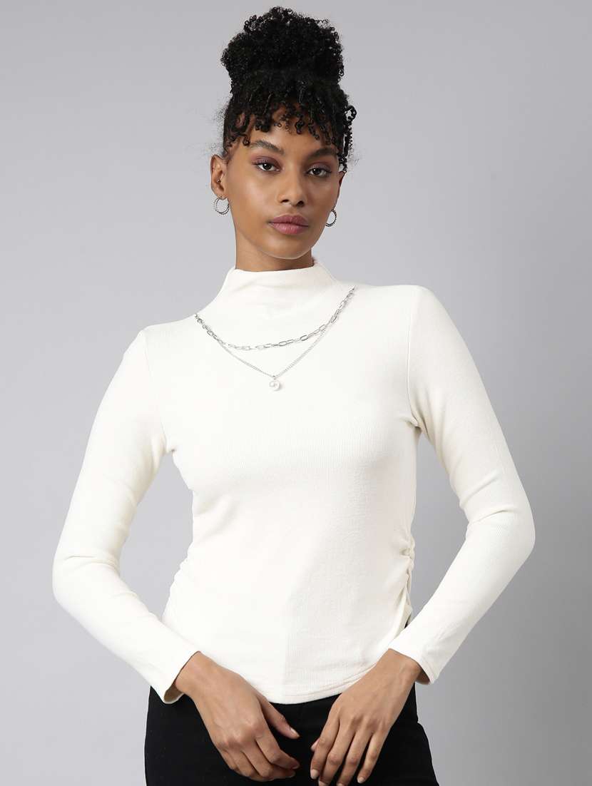 women solid mock neck long sleeves top