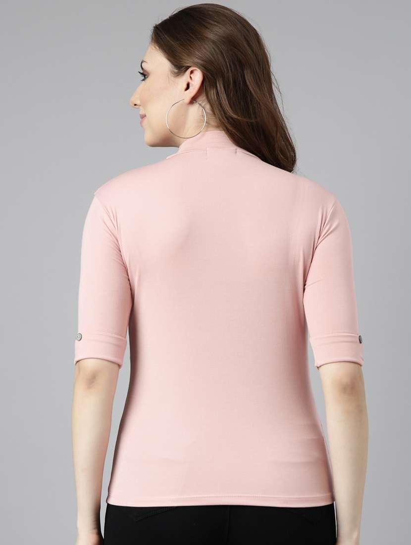 women solid mock neck elbow sleeves top - 20929012 -  Standard Image - 2