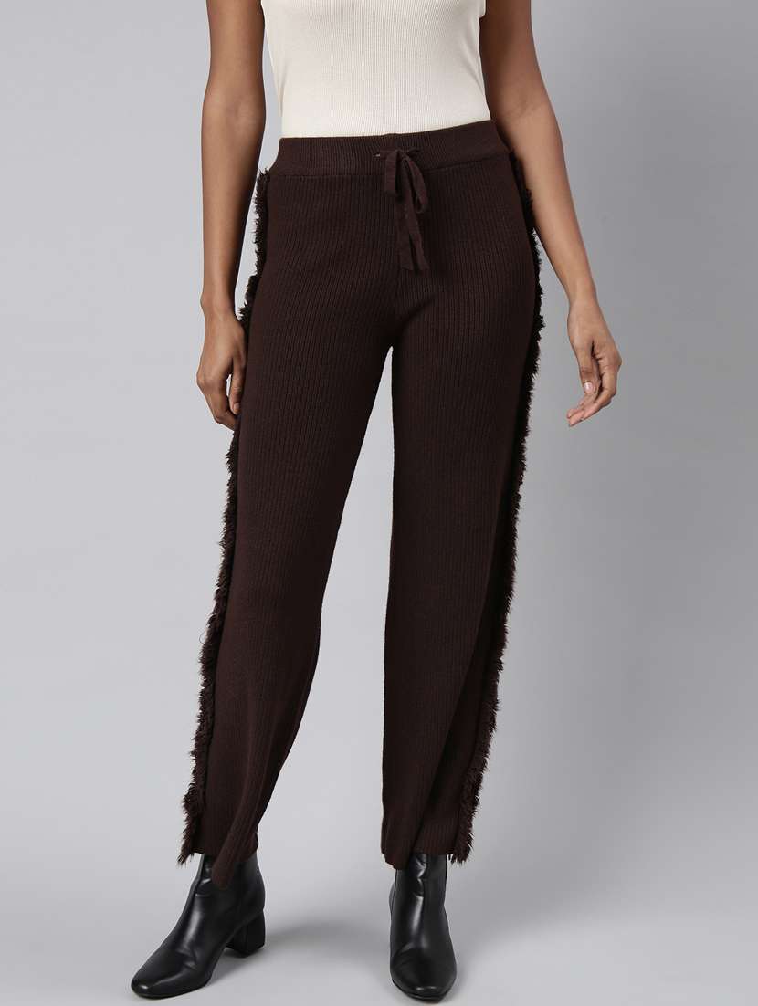 coffee brown acrylic flat front trousers