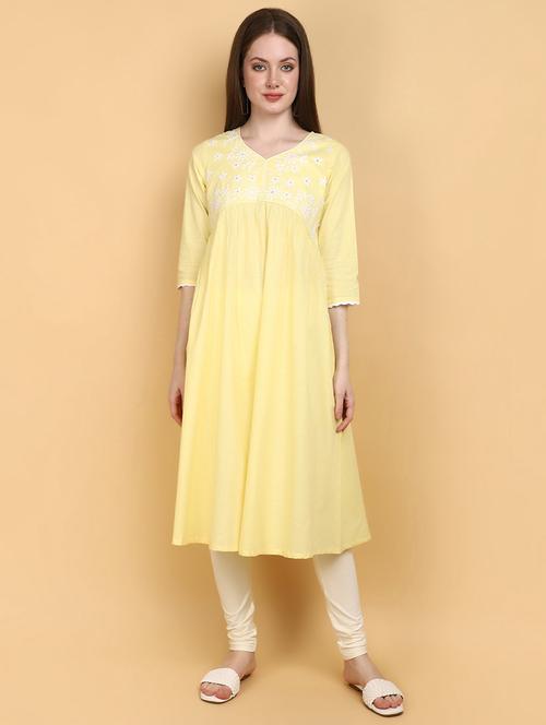 women yellow v neck a-line kurta - 20929220 - Standard Image - 0