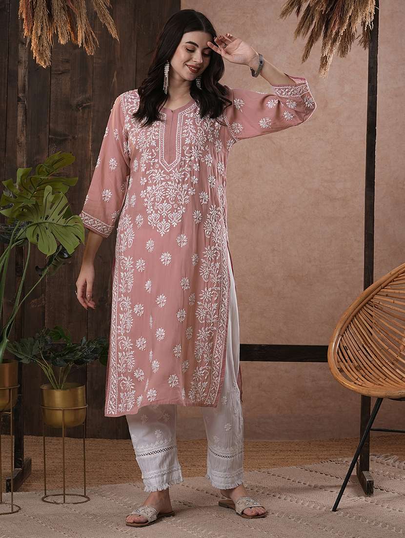 notch neck chikankari work straight kurta - 20929359 - Standard Image - 2