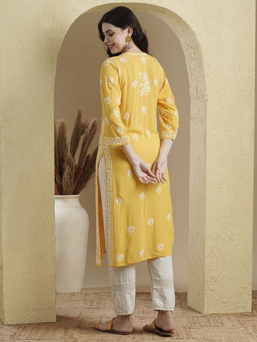notch neck chikankari work straight kurta - 20929361 - Standard Image - 2