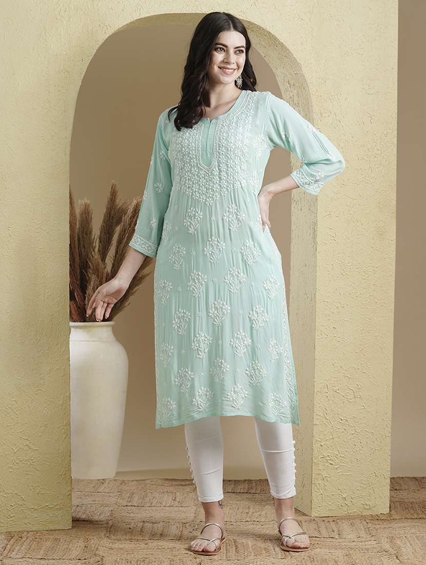 notch neck chikankari work straight kurta - 20929364 - Standard Image - 2
