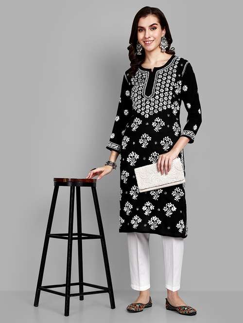 Notch Neck Chikankari Work Straight Kurta