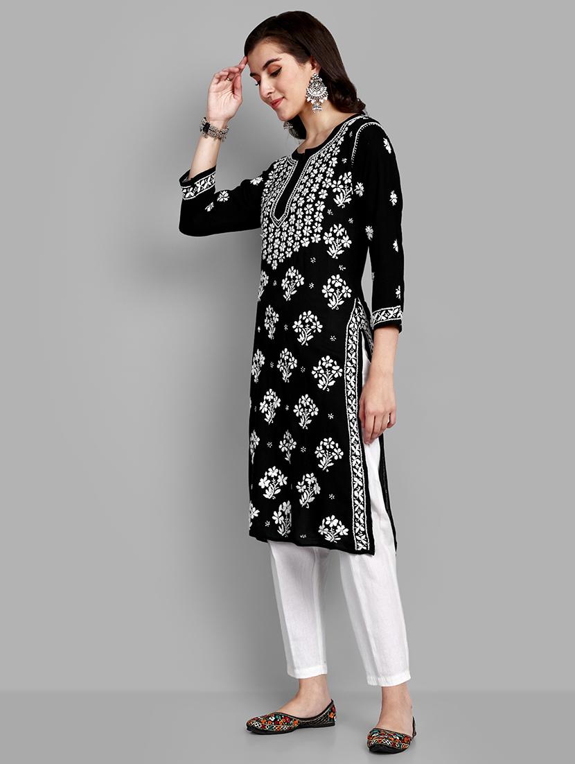 notch neck chikankari work straight kurta - 20929366 -  Standard Image - 2