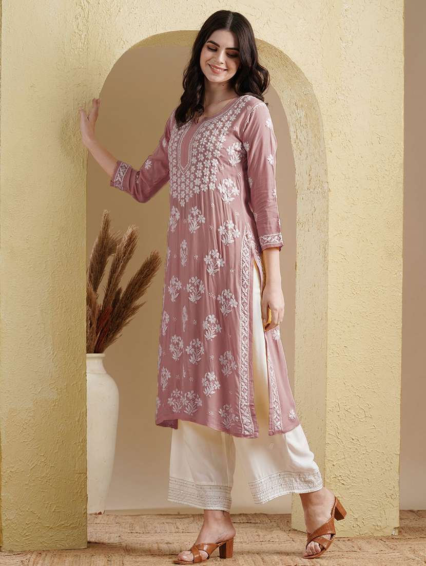 notch neck chikankari work straight kurta - 20929368 - Standard Image - 2