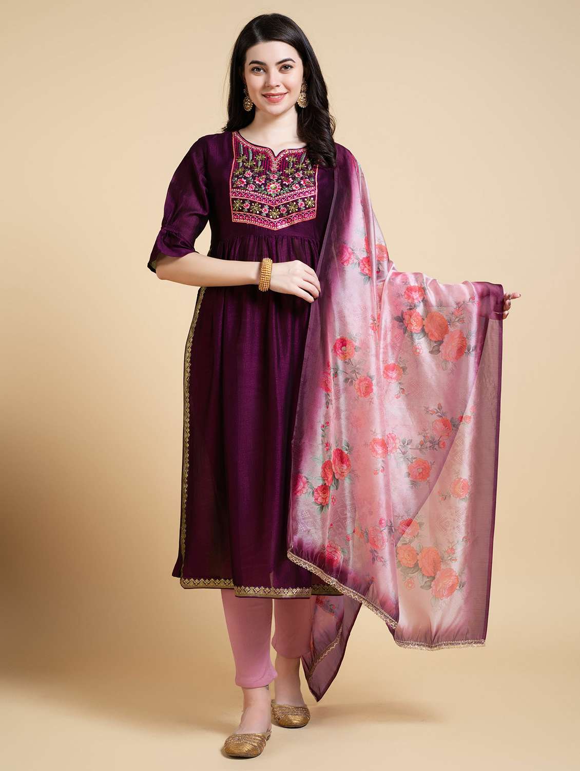 women three quarter sleeve kurta pant with dupatta set