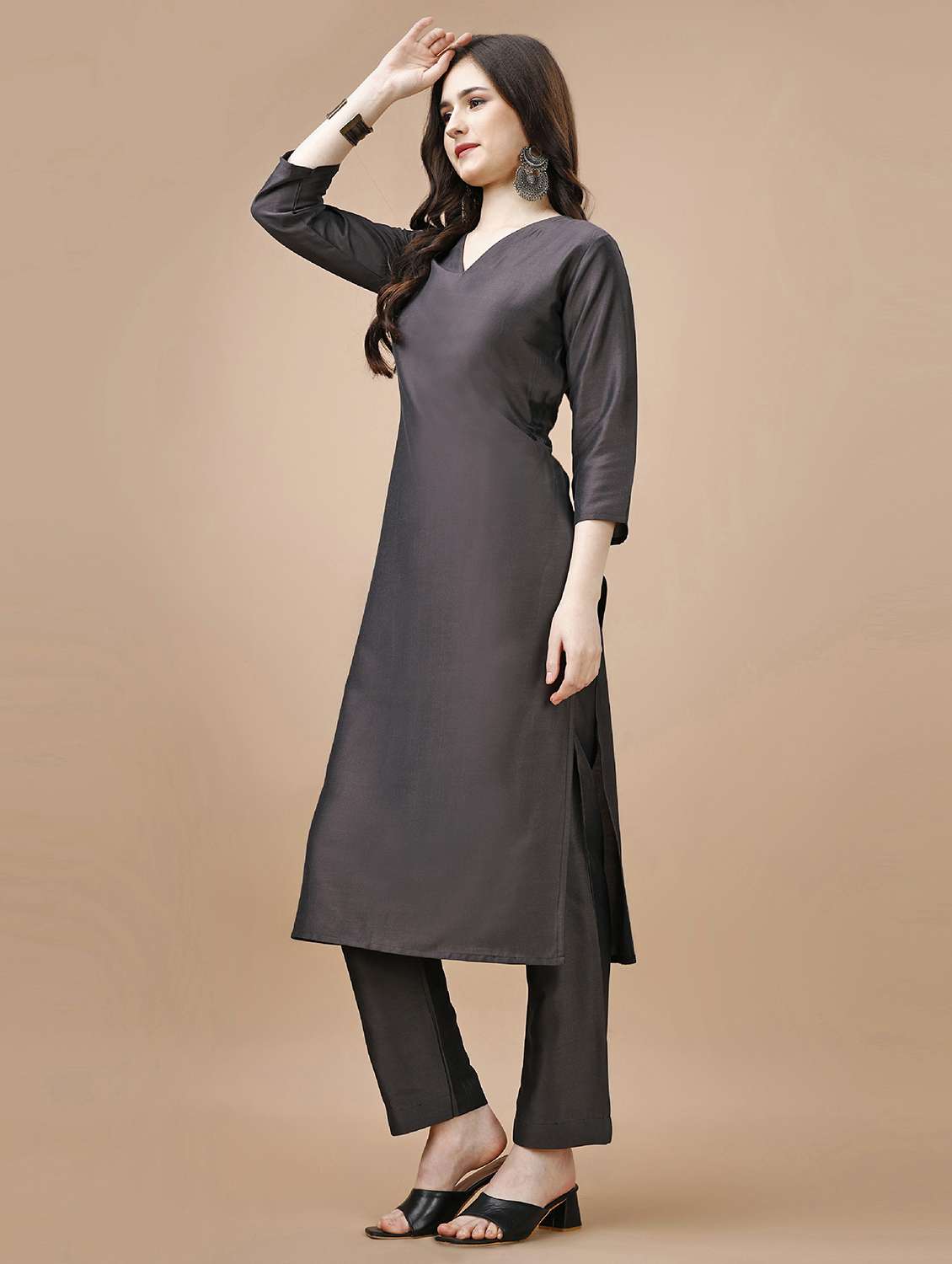 women taupe solid v neck kurta pant set - 20929886 -  Standard Image - 2