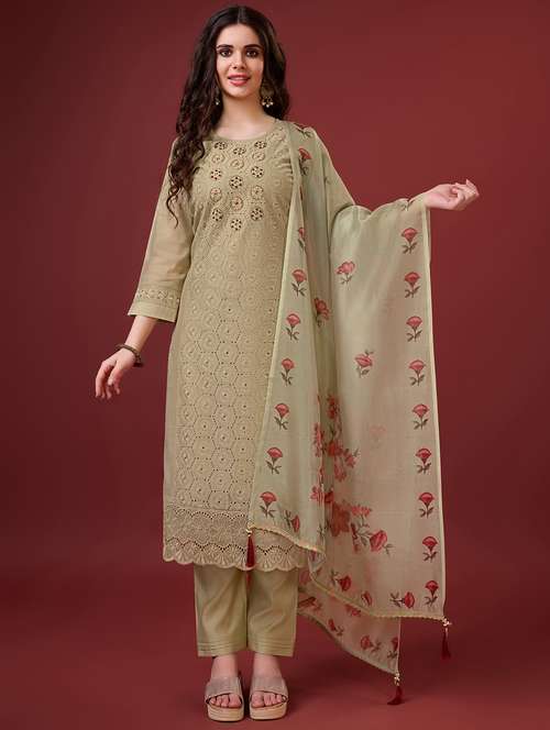 women beige round neck kurta pant set with dupatta set - 20929901 -  Standard Image - 0