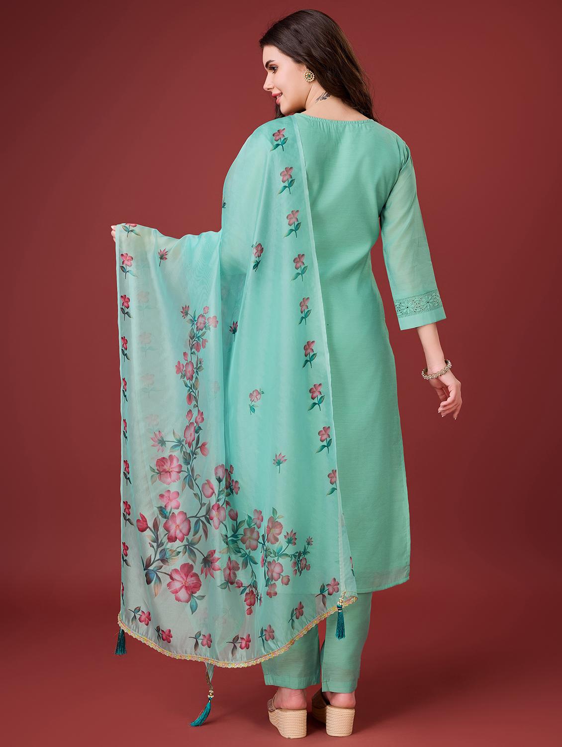 women sea green round neck kurta pant set with dupatta set - 20929908 - Standard Image - 2