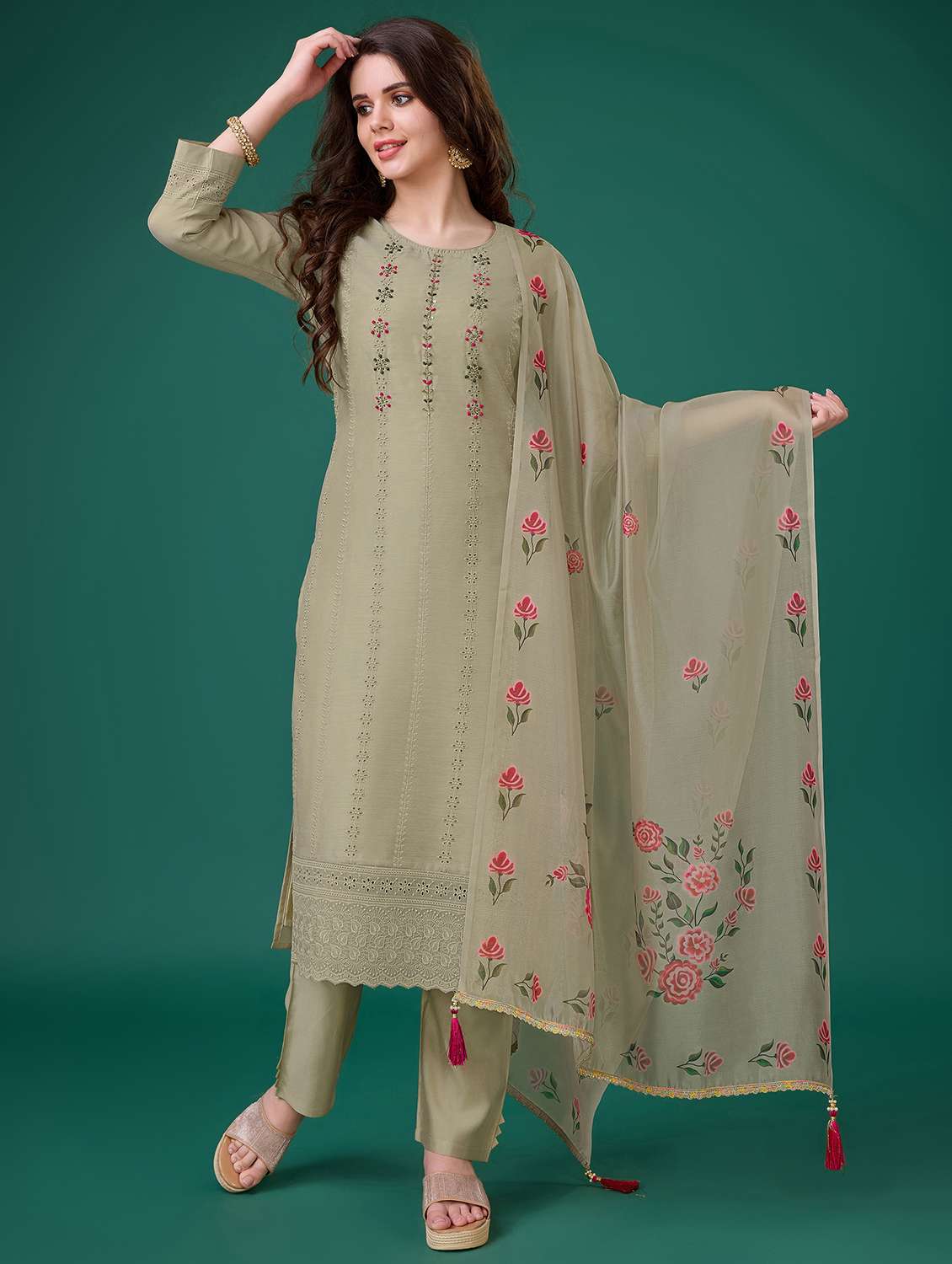 women three quarter sleeve kurta pant with dupatta set