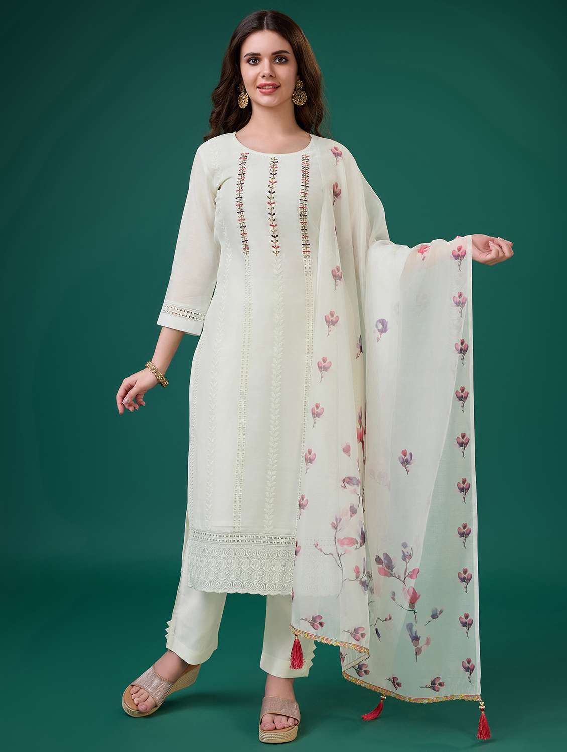 women three quarter sleeve kurta pant with dupatta set