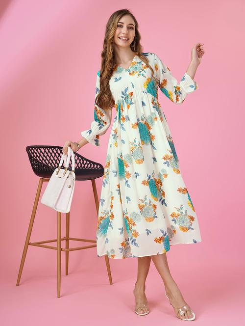 women white florals printed fit & flare dress - 20929919 -  Standard Image - 0