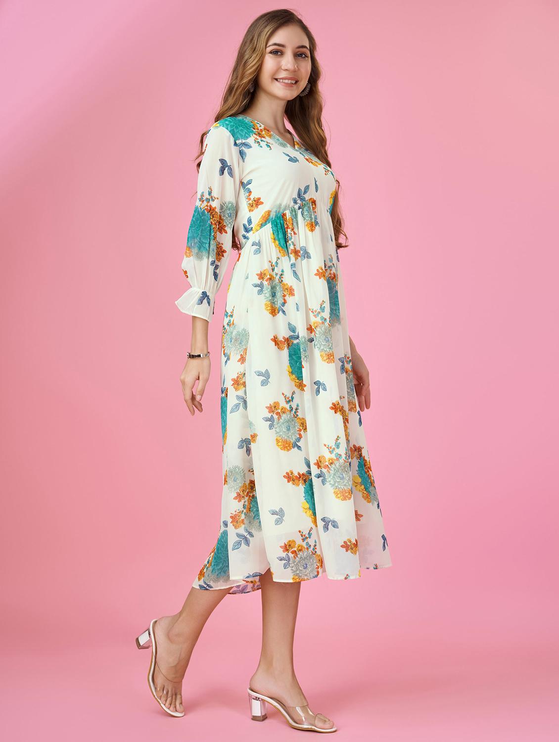 women white florals printed fit & flare dress - 20929919 - Standard Image - 2