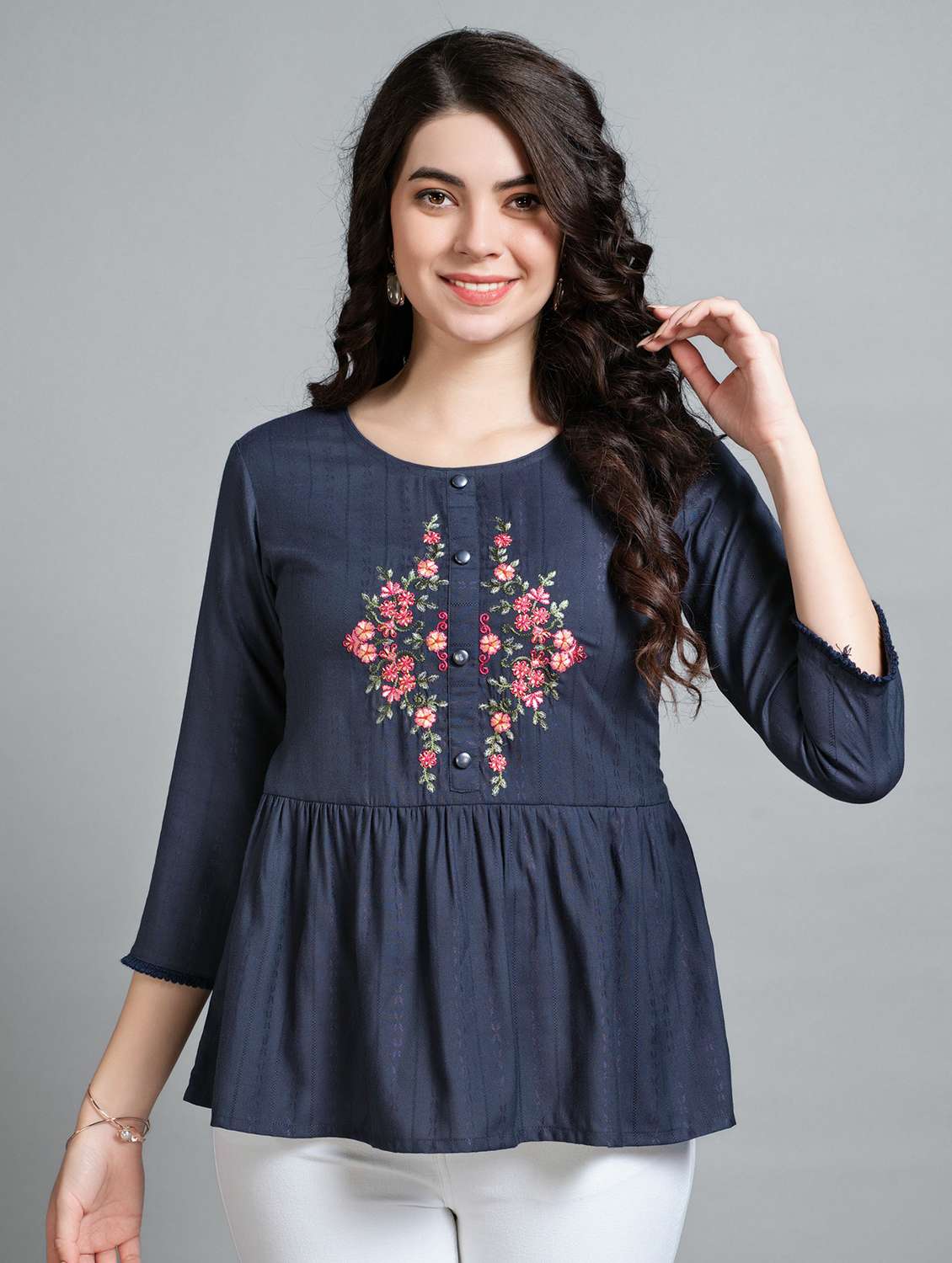 women navy blue round neck peplum top