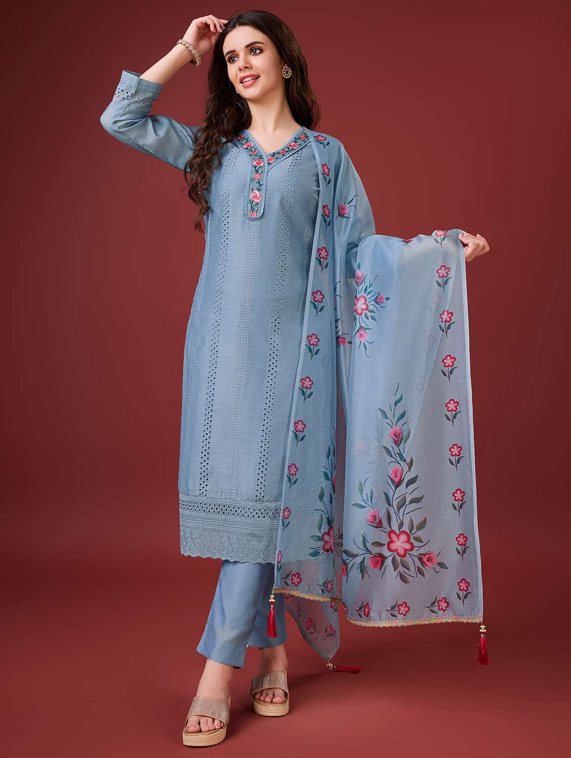 women three quarter sleeve kurta pant with dupatta set