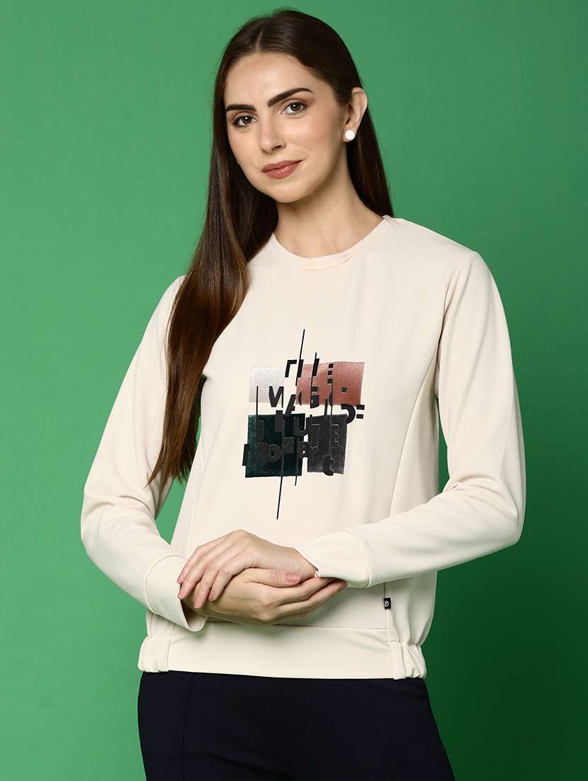 women cream graphic long sleeve pullover