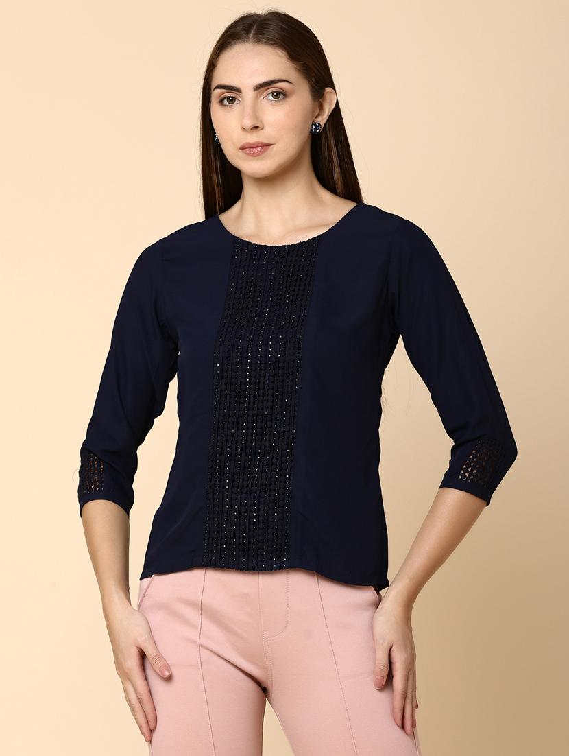 navy blue detailed regular top - 20930049 - Zoom Image - 0