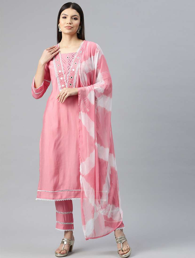 women three quarter sleeve kurta pant with dupatta set