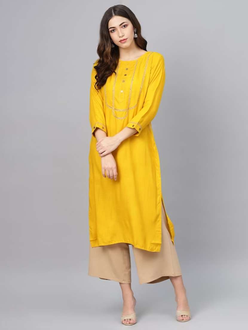 women embroidered three quarter sleeve straight kurta