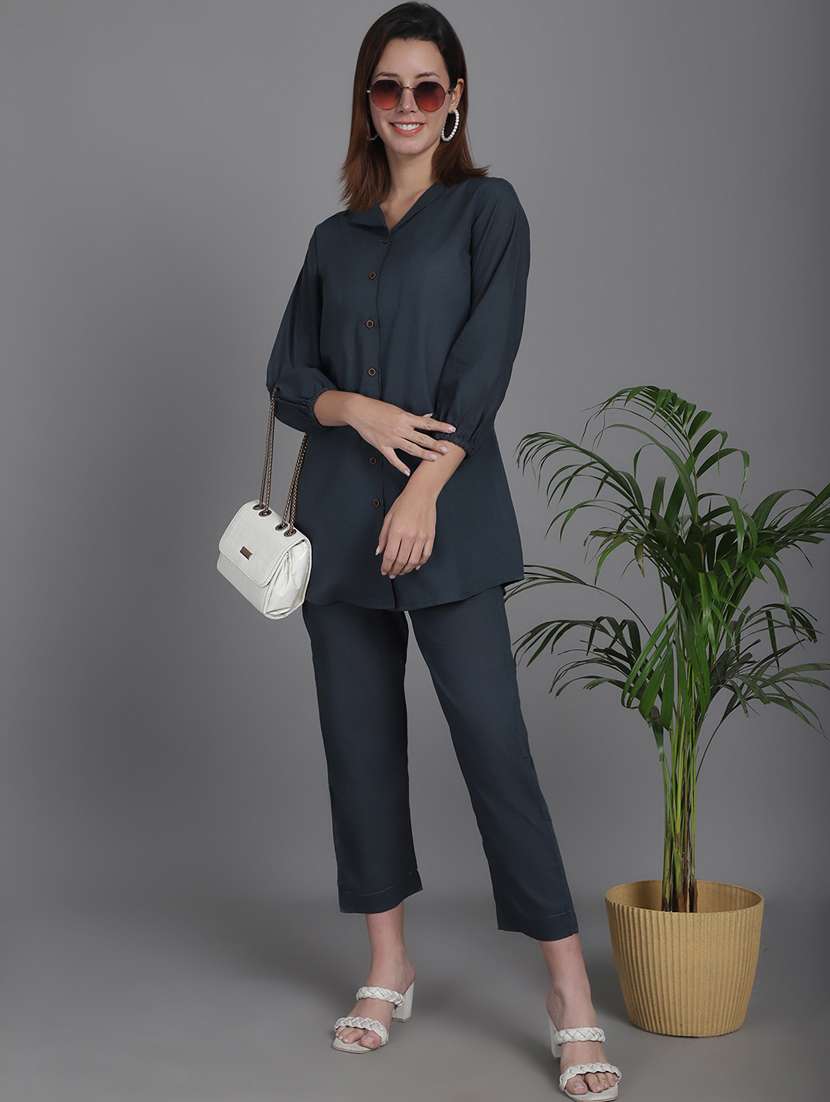 women solid shirt and trouser co-ord set