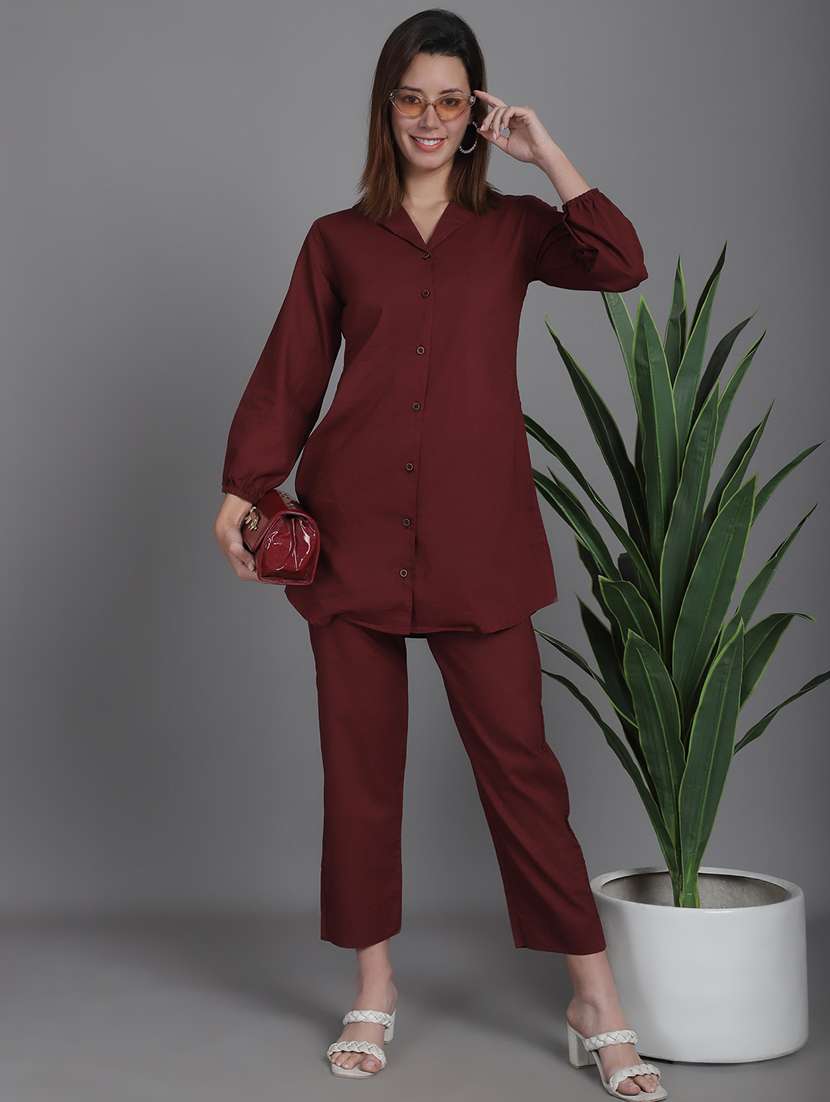 women solid shirt and trouser co-ord set
