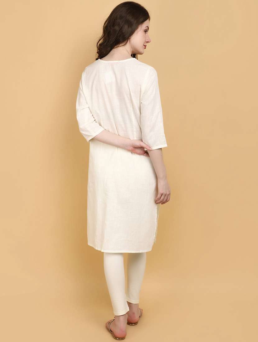 women off-white round neck straight kurta - 20934201 -  Standard Image - 2