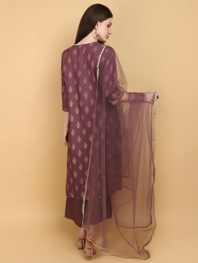 women purple printed kurta & palazzo set - 20934290 - Standard Image - 2