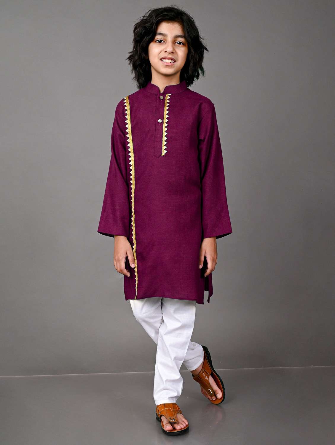 boys lace work cotton kurta pyjama set
