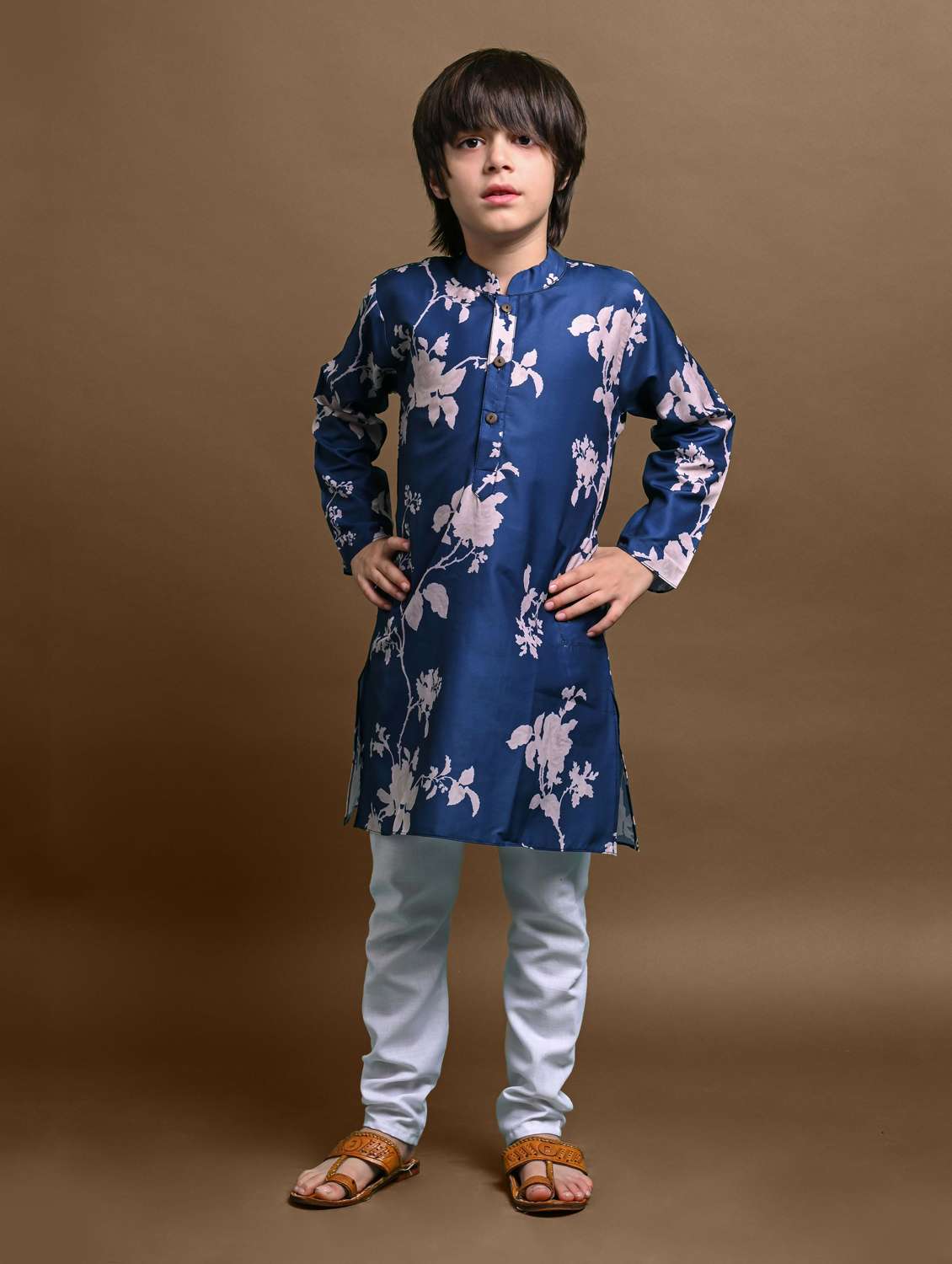 boys floral printed long sleeve kurta bottom set