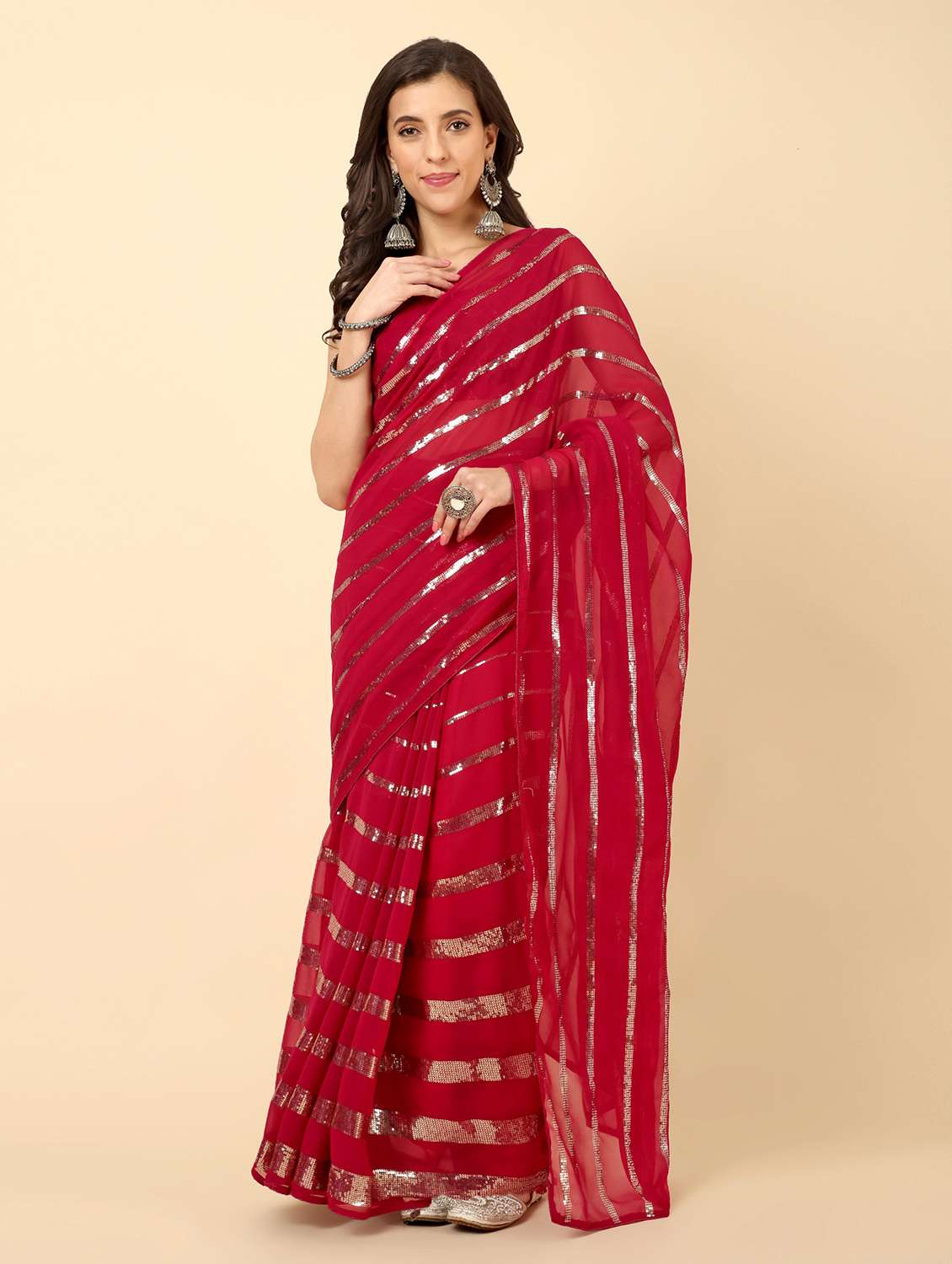 women red sequin work georgette saree with blouse