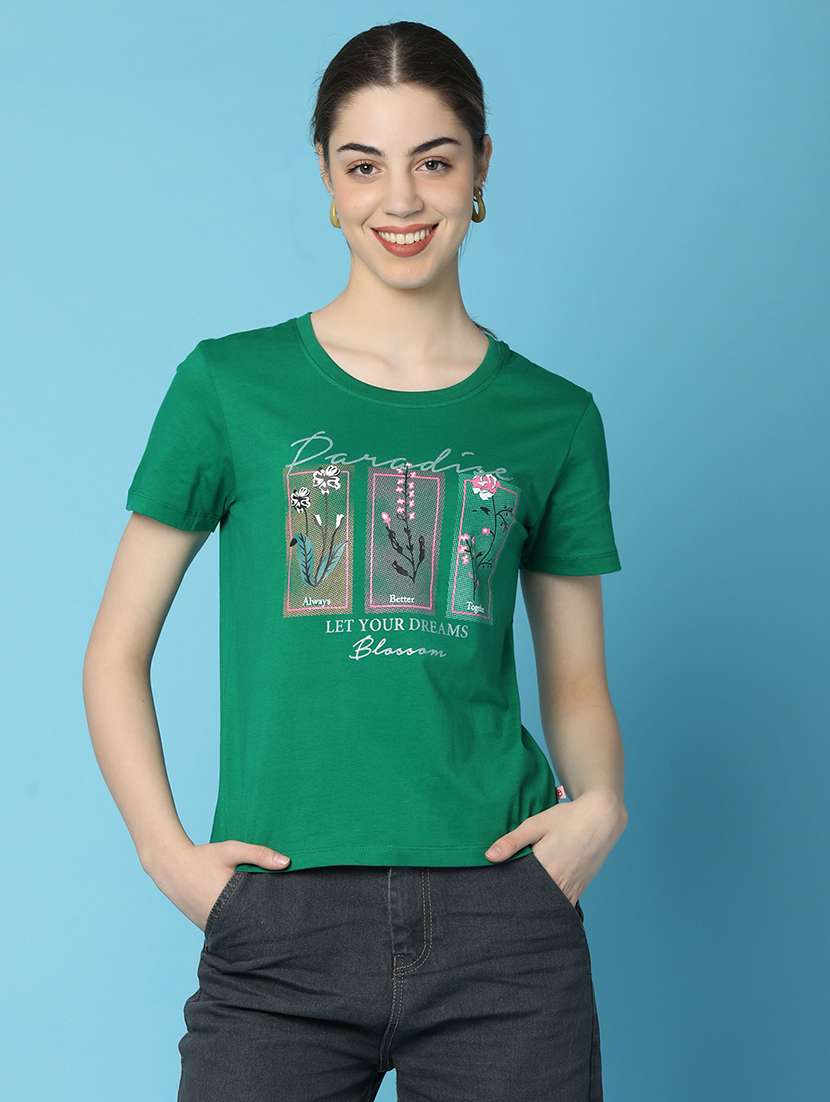 women green front printed casual t-shirt
