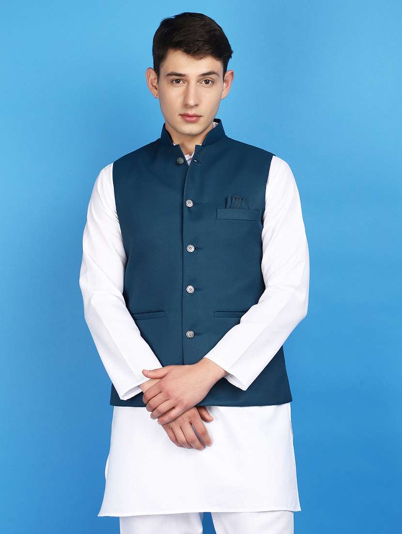 teal polyester nehru jacket