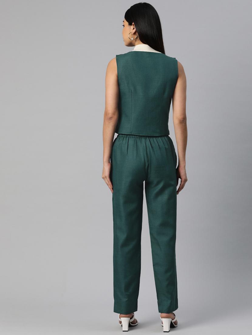 women green cotton blend top pants set formal suit - 20945225 - Standard Image - 2