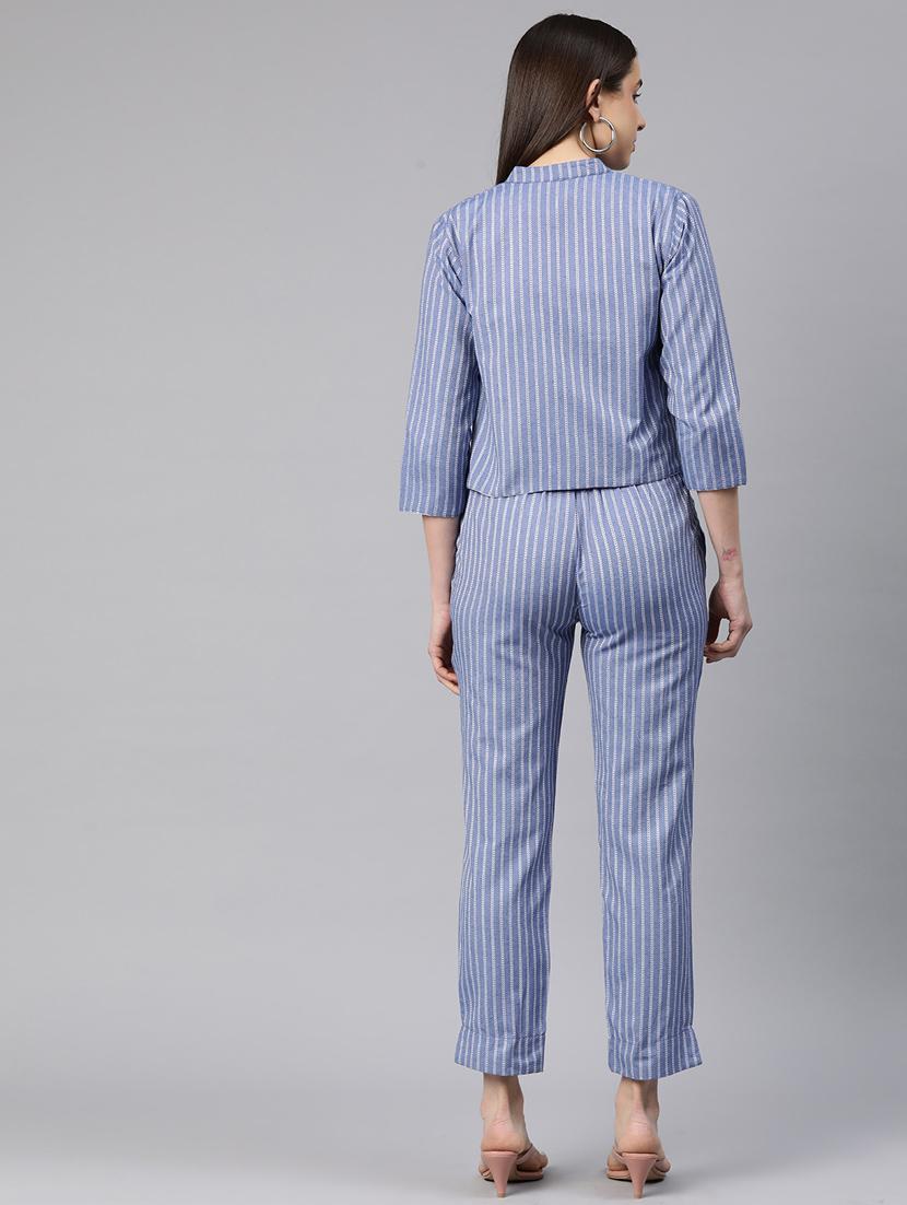 women blue stripes three quarter sleeve formal suit set - 20945236 - Standard Image - 2