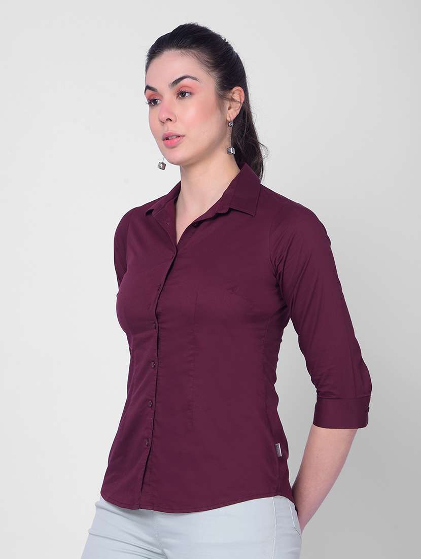 maroon cotton blend solid shirt