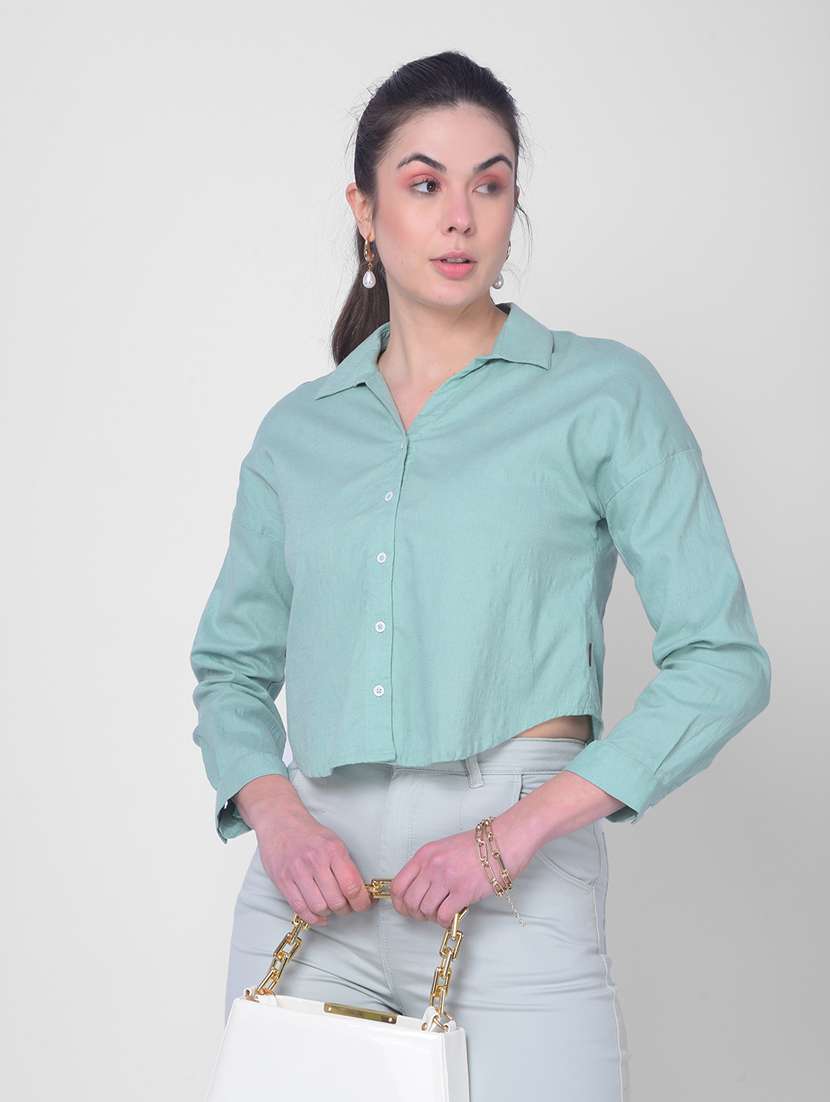 green linen blend crop shirt