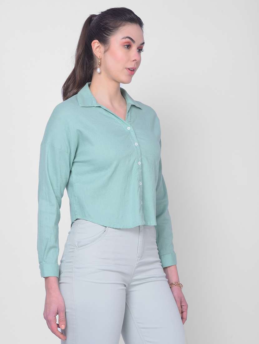 green linen blend crop shirt - 20946307 -  Standard Image - 2