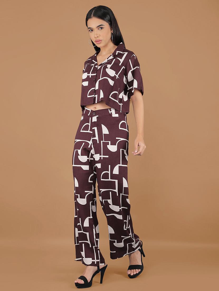 crimsoune club women's brown printed linen co-ord sets - 20946311 - Standard Image - 2